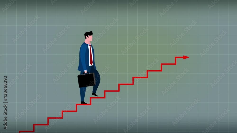 Cartoon businessman character going up the chart graph stairs animation. Business metaphor of progress, success, career advancement, climbing up career ladder or stairs. Seamless loop. Cartoon businessman character going up the chart graph stairs animation. Business metaphor of progress, success, career advancement, climbing up career ladder or stairs. Seamless loop.