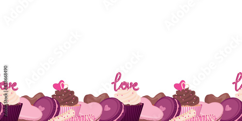Cupcakes, macaroons and candies horizontal seamless border pattern. Vector illustration of a bright footer with sweets.