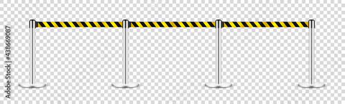 Realistic retractable belt stanchion on transparent background. Crowd control barrier posts with caution strap. Queue lines. Restriction border and danger tape. Vector illustration.