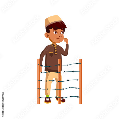 sad muslim boy standing behind barded wire fence cartoon vector. sad muslim boy standing behind barded wire fence character. isolated flat cartoon illustration