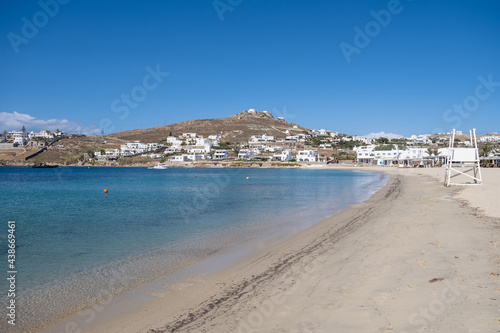 Mykonos island  Cyclades. Greece. Ornos sandy beach  summer holidays concept