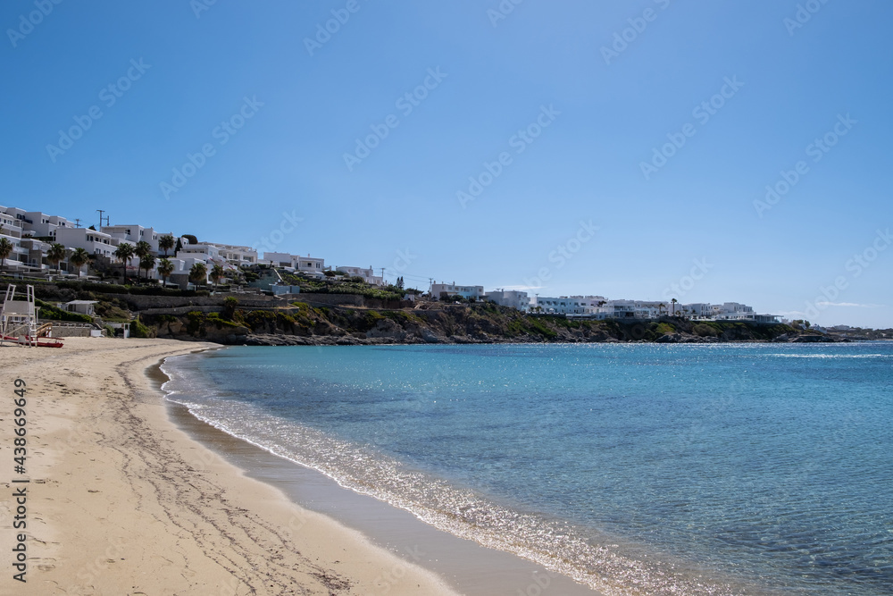 Mykonos island, Cyclades. Greece. Psarou sandy beach, summer holidays concept Mykonos island, Cyclades. Greece. Psarou sandy beach, summer holidays concept
