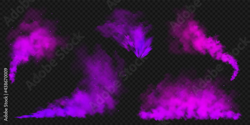 Realistic purple colorful smoke clouds, mist effect. Colored fog on dark background. Vapor in air, steam flow. Vector illustration.