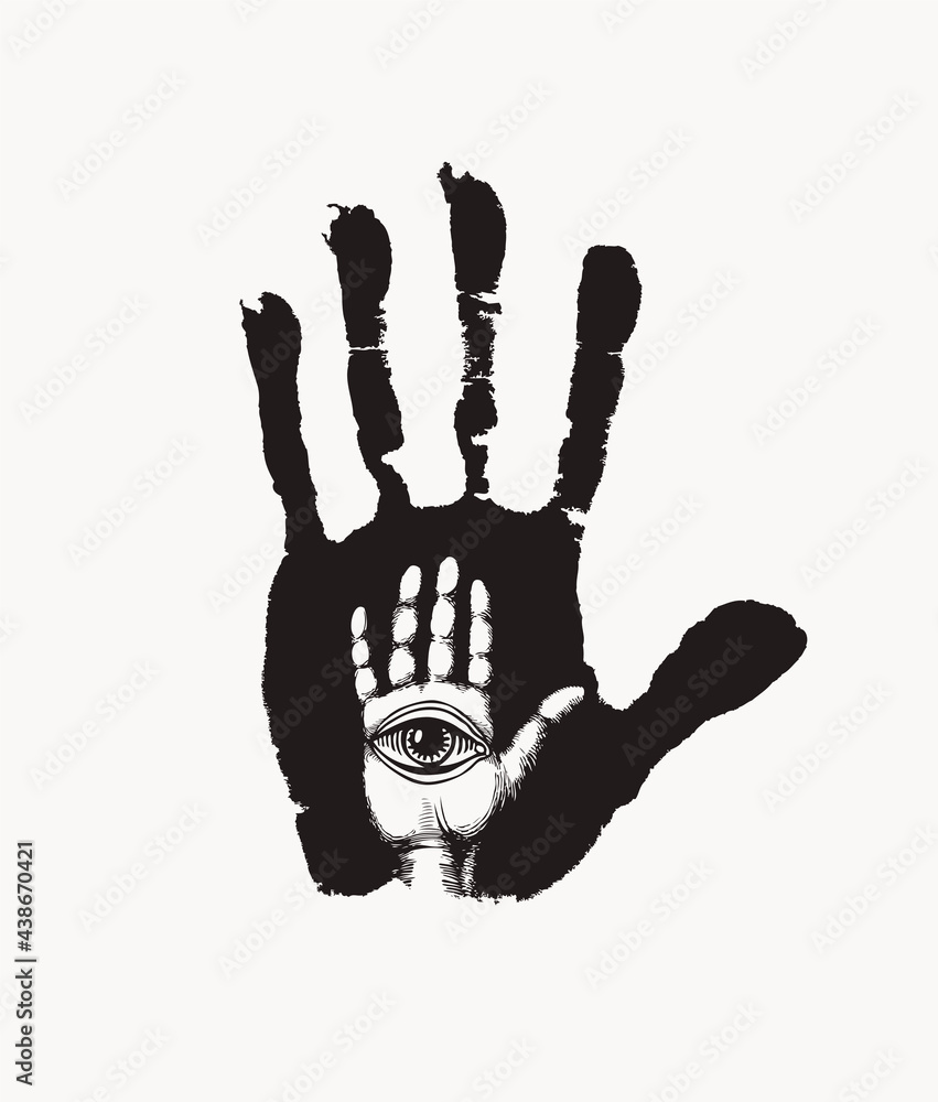 Black handprint with a white human hand and all seeing eye symbol ...