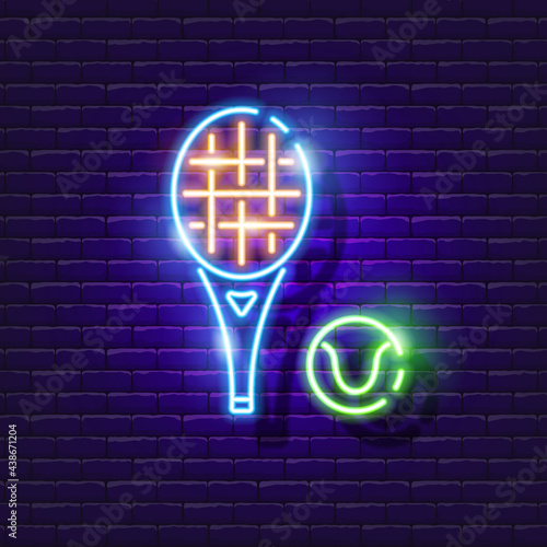 Tennis racket and ball neon icon. Vector illustration for design. Sports concept. Tennis sign.