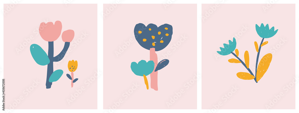 Cute Infantile Style Nursery Vector Illustration with Hand Drawn  Colorful Flowers on a Pastel Pink Background. Pink Abstract Garden Print ideal for Card, Invitation, Greeting, Wall Art, Poster.