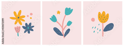 Cute Infantile Style Nursery Vector Illustration with Hand Drawn  Colorful Flowers on a Pastel Pink Background. Pink Abstract Garden Print ideal for Card, Invitation, Greeting, Wall Art, Poster.