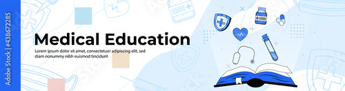 Medical Education Web Banner Design.open ledger with medicine, health and medical tools. header or footer banner.