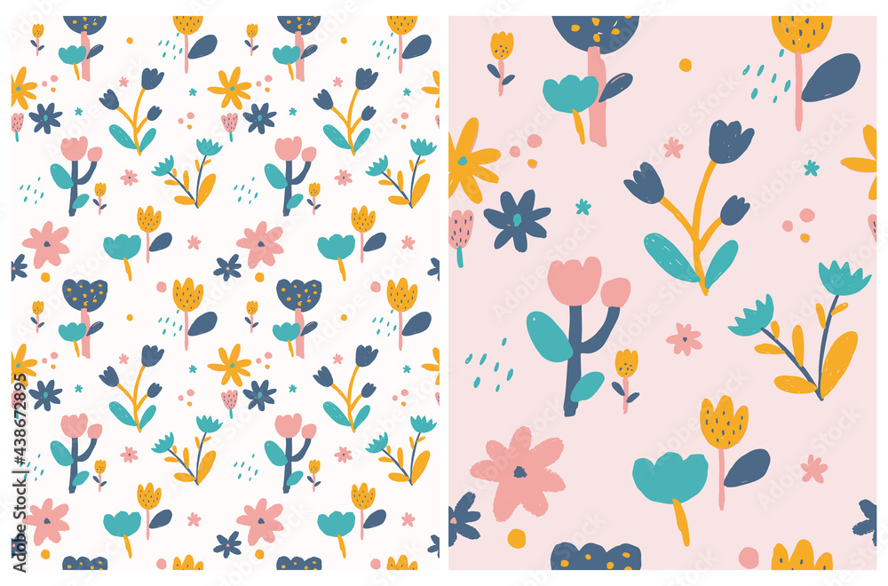 Cute Hand Drawn Floral Seamless Vector Patterns. Colorful Flowers,  Leaves and Twigs Isolated on a Pastel Pink and Off-White Background. Infantile Style Floral Print ideal for Fabric, Textile.