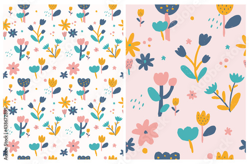 Cute Hand Drawn Floral Seamless Vector Patterns. Colorful Flowers, Leaves and Twigs Isolated on a Pastel Pink and Off-White Background. Infantile Style Floral Print ideal for Fabric, Textile.