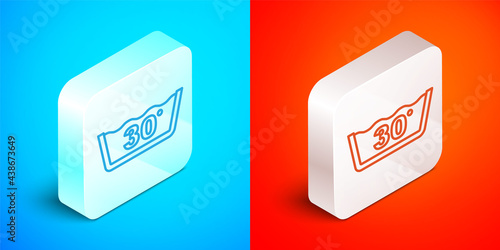 Isometric line Washing under 30 degrees celsius icon isolated on blue and red background. Temperature wash. Silver square button. Vector