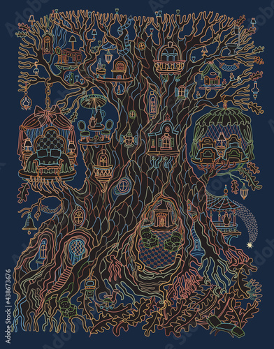 Vector hand drawn fantasy old tree with fairy tale house. Linear colorful contour sketch. Tee-shirt print on a dark blue background. Post greeting card, quarantine isolation period concept