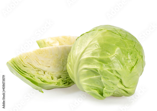 Fresh green cabbage on a white background.