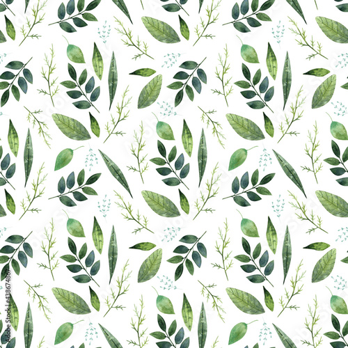 Seamless watercolor green herbs pattern on white background