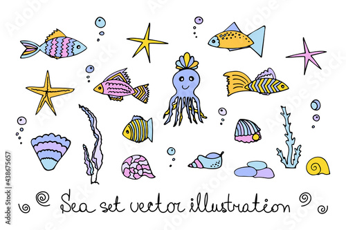 Big colored set of vector illustrations of octopus and fish, seashells and starfishes, pearls and air bubbles, wave. Doodle style. Illustrations for printing on textiles, beach design, children's