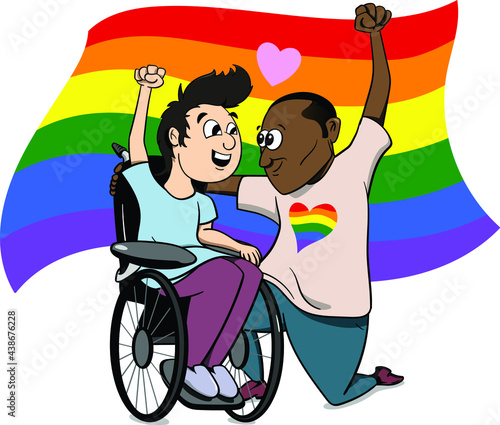 A Gay Couple of different race black and white in love with disability. LGBTQ pride week celebration vector graphic. Two males in love marriage with rainbow flag.