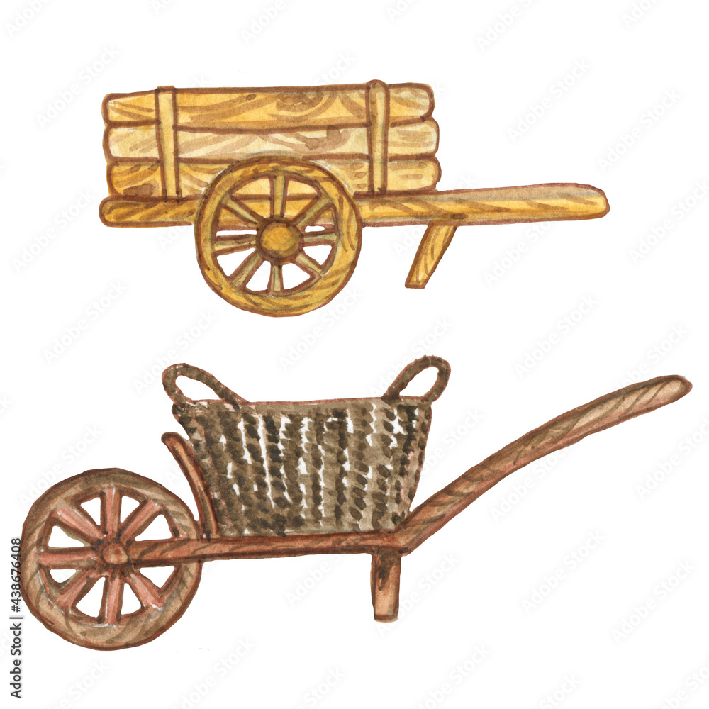Watercolor drawing of a cart for the garden.watercolor cart illustration, isolated vintage, background, retro cart autumn,.farm, garden, wooden.