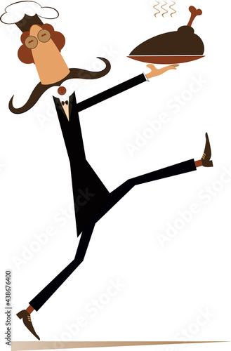 Comic cook carries a tray with meat illustration. 
Long mustache comic cook carries a tray with a fried meat, duck or chicken leg isolated on white
