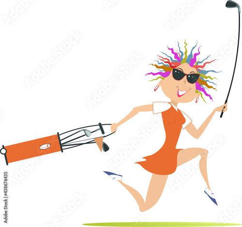 Smiling golfer woman runs to play golf illustration. Cartoon smiling golfer woman in sunglasses with golf bag and golf club runs to the golf course isolated on white