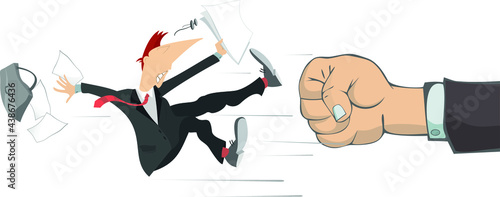 Punch fist and confused falling  man. Concept illustration. Big fist beats a falling man with papers losing a bag and glasses isolated on white