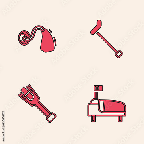 Set Hospital bed, Hearing aid, Walking stick cane and Prosthesis leg icon. Vector