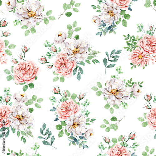 Seamless background, floral pattern with watercolor flowers pink and white roses. Repeat fabric wallpaper print texture. Perfectly for wrapped paper, backdrop, frame or border. © Larisa