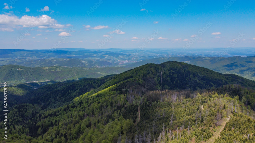 Luban (Lubań) highest mountain peak in polish Gorce - observation tower - view frome drone