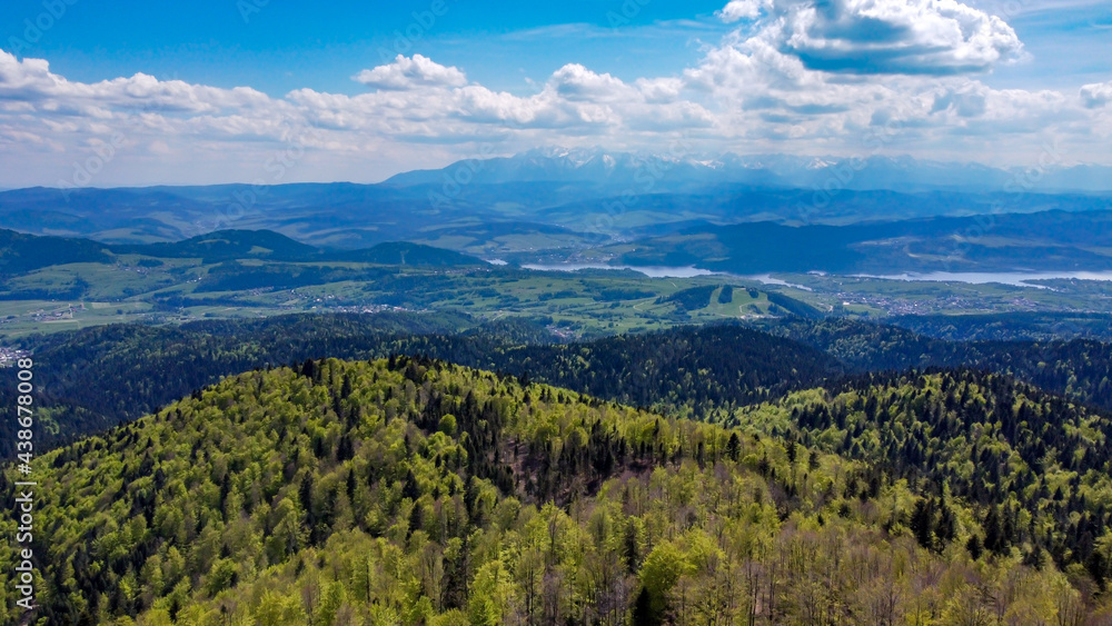 Luban (Lubań) highest mountain peak in polish Gorce - observation tower - view frome drone Luban (Lubań) highest mountain peak in polish Gorce - observation tower - view frome drone
