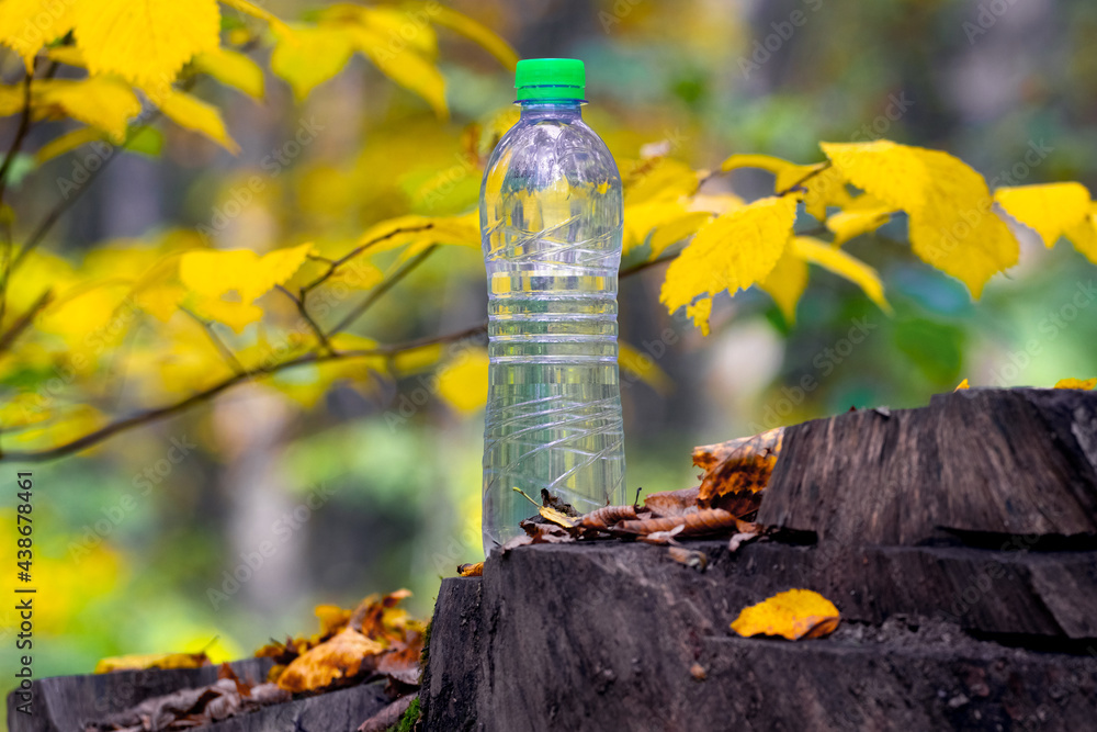Fototapeta premium Bottle of clean drinking water in the autumn forest on a stump