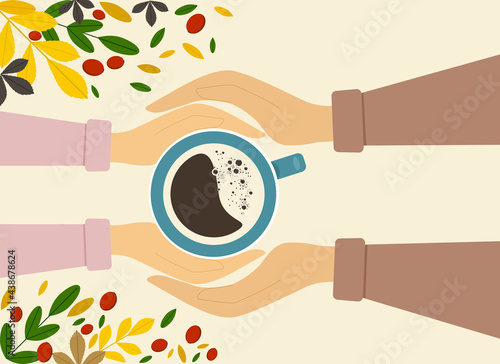 Date concept. Illustration of male and female hands with cups of tea, near autumn foliage and berries photo