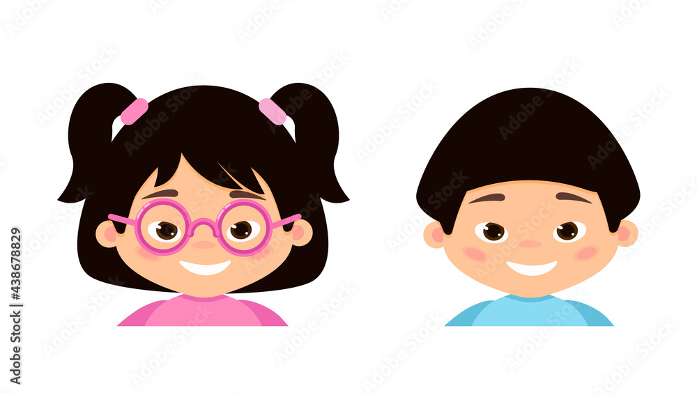 Asian boy and girl portraits. Cute cartoon happy kids. Children avatar. Vector illustration isolated on white background Asian boy and girl portraits. Cute cartoon happy kids. Children avatar. Vector illustration isolated on white background