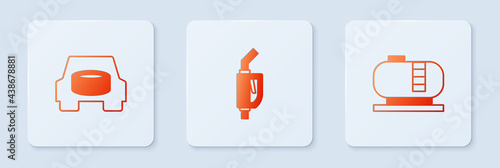 Set Gasoline pump nozzle, Spare wheel the car and Oil tank storage. White square button. Vector