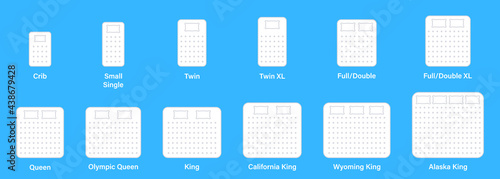 Different White Mattress Line Icons. Mattress Sizes and Bed Dimensions. Dimension Measurements for Crib, Small Single, Twin, Full or Double, Queen and King Size Bed. Vector illustration