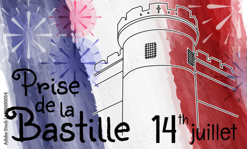 Bastille on watercolor tricolor background. Prise de la Bastille 14 juillet. Bastille day 14 july. French National Day. Viva la France. French revolution. Greeting card