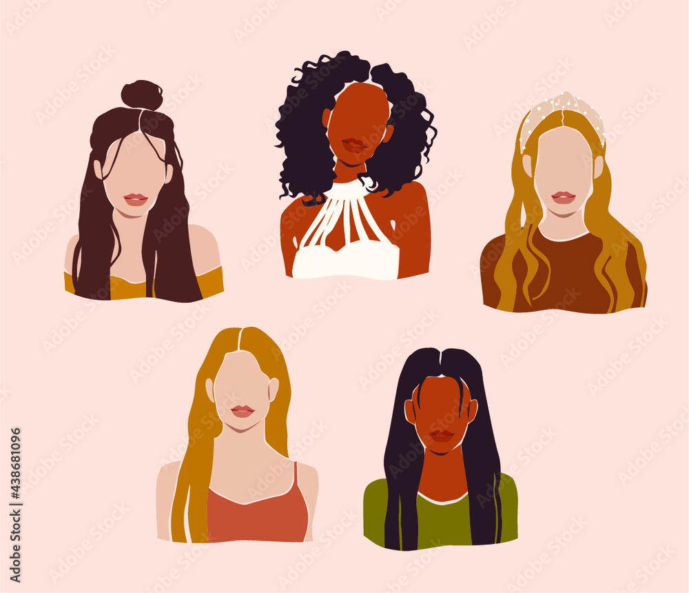Abstract women portraits. Afro black curly hair woman and white skin girl  with long hair. Stock Vector | Adobe Stock