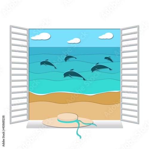 Summer card with cut paper effect. A lady's hat with a blue ribbon is on the windowsill of the window open to the sea. Dolphins are jumping in the sea