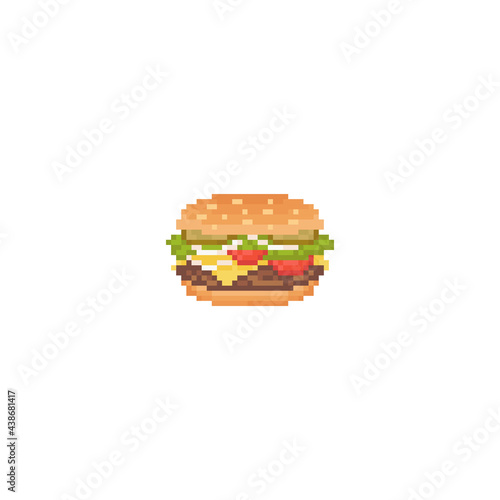 Pixel art big burger icon. Vector Retro 8 bit illustration of big burger. Pixel fast food isolated huge burger. Pixel vector big burger with toppings icon for game, sticker, app, web design.
