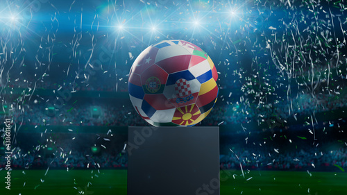 National Flag themed Football on a plinth against a Stadium Background. 