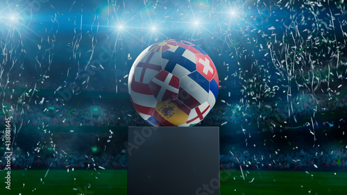 National Flag themed Football on a plinth against a Stadium Background. 