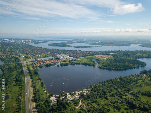 Dnieper River on the outskirts of Kiev. Aerial drone view.