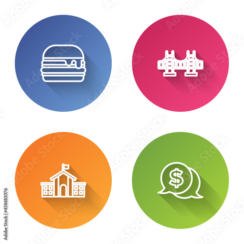 Set line Burger, Golden gate bridge, United States Capitol Congress and Coin money with dollar. Color circle button. Vector