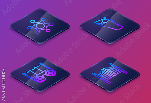 Set Isometric line Hexagram sheriff, Wild west covered wagon, Revolver gun in holster and Saloon door. Blue square button. Vector