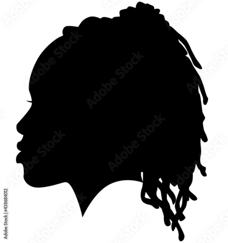 Black Girl African American female, African woman profile picture. Black woman from the side with afroharren. African American afro hair tied Dreadlocks Hairstyle. Dread Styles, dreadlock styles. photo