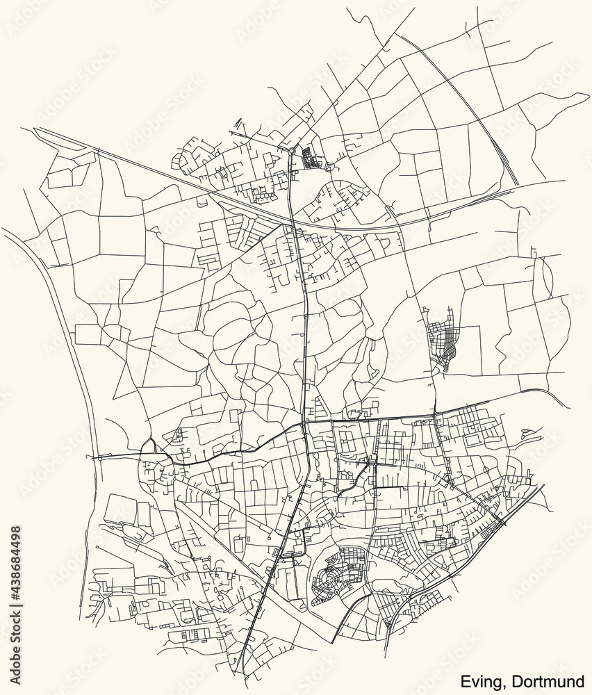 Black simple detailed street roads map on vintage beige background of the quarter Stadtbezirk Eving district of Dortmund, Germany