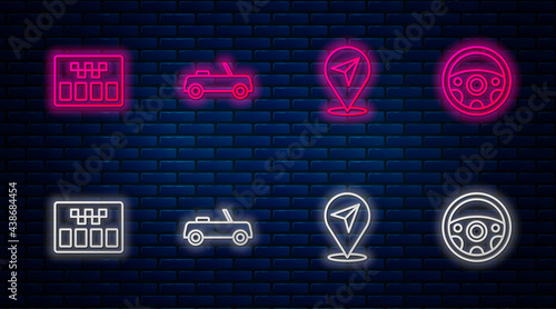 Set line Car, Location, Taximeter and Steering wheel. Glowing neon icon on brick wall. Vector