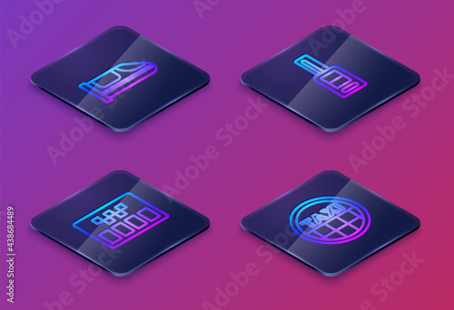 Set Isometric line High-speed train, Taximeter, Car key with remote and car roof. Blue square button. Vector