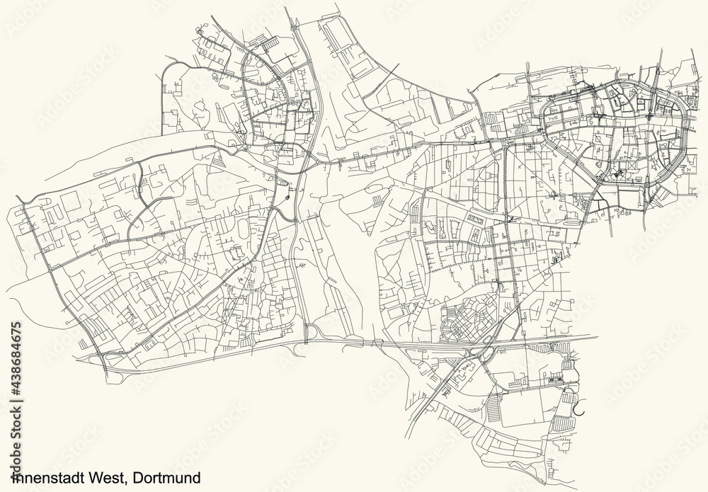 Black simple detailed street roads map on vintage beige background of the quarter Stadtbezirk Innenstadt-West district of Dortmund, Germany