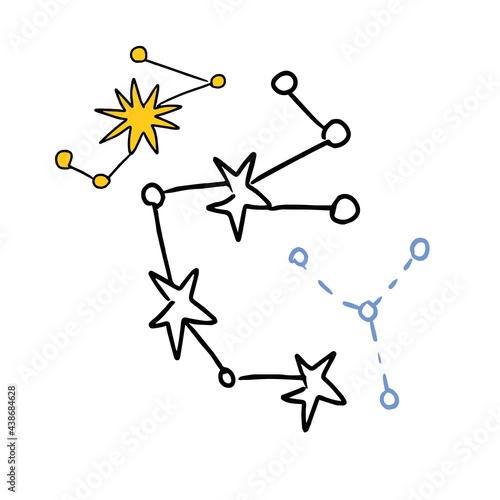 space set vector illustration hand-drawn cute images childrens bright colored rocket meteorite planet alien flying saucers astronaut satellite sun saturn mars stars and constellations. Print