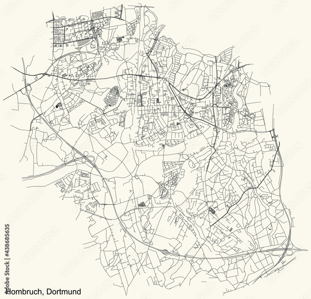 Black simple detailed street roads map on vintage beige background of the quarter Stadtbezirk Hombruch district of Dortmund, Germany