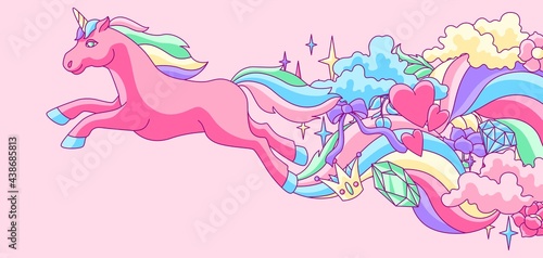 Background or card with unicorn and fantasy items.